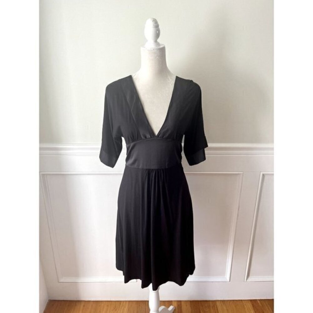 H&M V Neck Black Dress Satin Trim Tie Waist 6